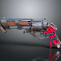 Futuristic Mechanical Weapon with Metallic Body Red Blue Accents and Complex Gears Design