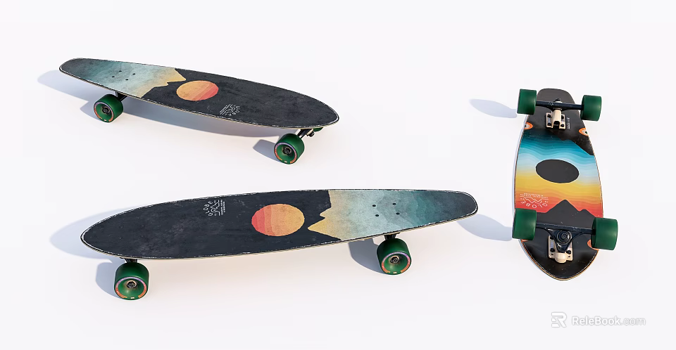 Colorful Skateboards With Green Wheels And Sun Cloud Graphic Designs For Sports 3d model 