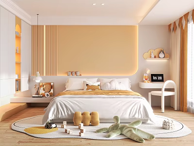 Cozy Kids Room Interior Design With Yellow Accent Wall White Bedding And Playful Toys 3d model