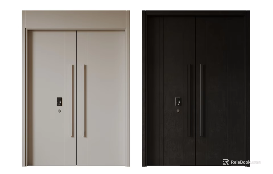 Modern Wooden Double Doors With Metal Handles And Electronic Lock In White And Dark Brown 3d model 