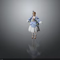 Young Girl In Blue Lolita Costume With Frilled Sleeves Lace Skirt And Bow Decorations