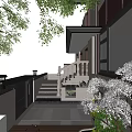 Courtyard Garden Design With Stone Stairs Decorative Railing Lush Trees And Green Plants