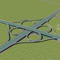 Multi Level Circular Interchange Bridge With Green Grass And Tall Buildings 3d model