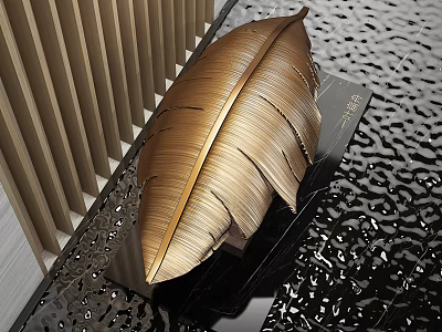 Golden Feather Sculpture with Intricate Carving Details on Black Textured Surface 3d model