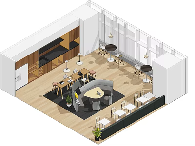 Modern Tea Room Interior Design With Casual Seating Area Wooden Flooring And Bar Counter 3d model