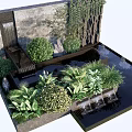 Garden Decorative Feature With Various Plants Water Fountain Vertical Green Wall And Stone Elements