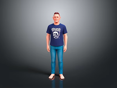 Man Wearing Marvel T shirt With Skull Graphic Blue Jeans And Sandals 3d model