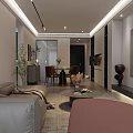 Modern Dining and Living Room Interior With White Cabinets Display Shelves And Decorative Painting