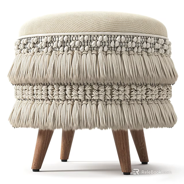 Handcrafted Woven Footstool With Tassel Trim And Wooden Legs In Neutral Tone 3d model 