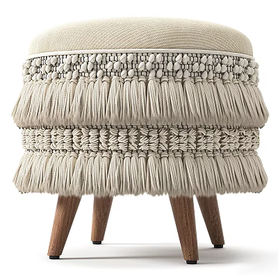 Handcrafted Woven Footstool With Tassel Trim And Wooden Legs In Neutral Tone 3d model