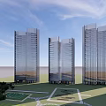 Modern High Rise Buildings With Glass Facade And Urban Architectural Design Against Blue Sky