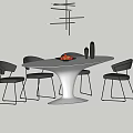 Modern White Oval Dining Table Set With Black Chairs And Pendant Light 3d model
