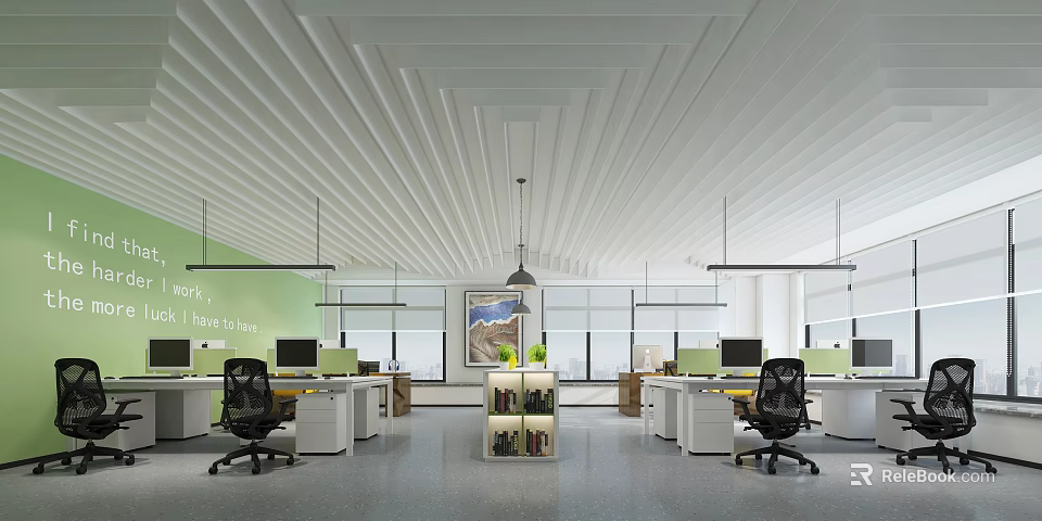 Modern Public Office Space Interior With Desks Ergonomic Chairs Computers And Bookshelves 3d model 