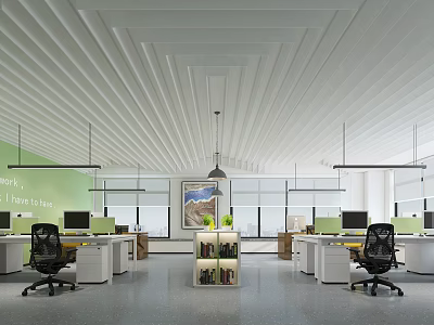 Modern Public Office Space Interior With Desks Ergonomic Chairs Computers And Bookshelves 3d model