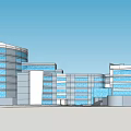 Modern Office Building With Blue Glass Walls Circular And Rectangular Structures Exterior Under Clear Sky 3d model