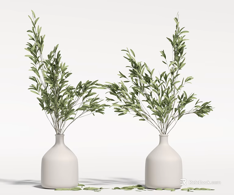 Two White Ceramic Vases With Green Leafy Branches On Clean White Background 3d model