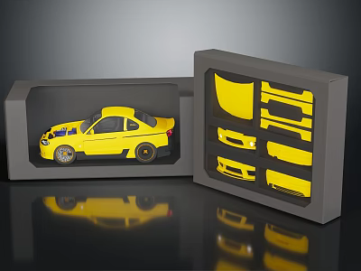 Yellow Car Model in Open Box with Compartments Holding Various Car Parts 3d model