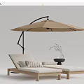 Wooden Frame Lounge Chair With White Cushion Beige Parasol And Decorative Vase
