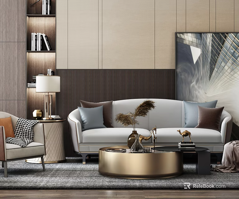 Modern Beige Sofa And Round Gold Coffee Table Set With Throw Pillows And Wall Art 3d model 