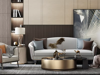 Modern Beige Sofa And Round Gold Coffee Table Set With Throw Pillows And Wall Art 3d model