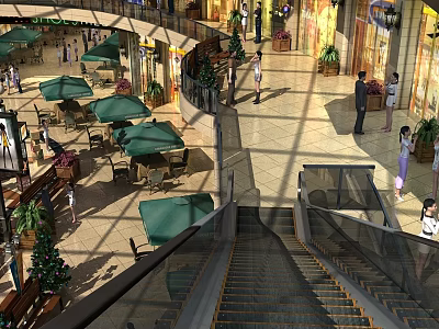 Vibrant Shopping Mall Interior With Escalators Green Umbrellas Outdoor Seating Plants And Pedestrians 3d model
