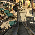 Vibrant Shopping Mall Interior With Escalators Green Umbrellas Outdoor Seating Plants And Pedestrians