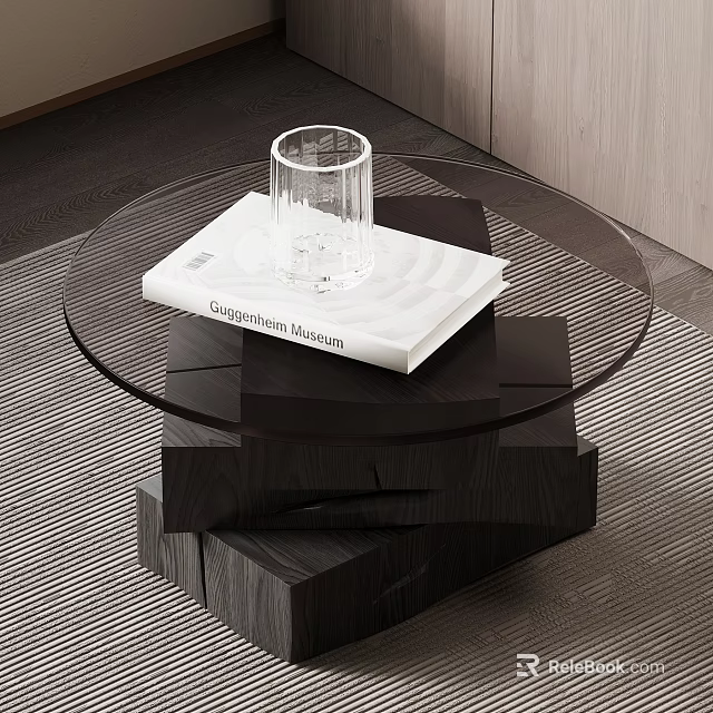 Modern Side Table With Transparent Glass Top Dark Wooden Base And Book Glass Cup 3d model 