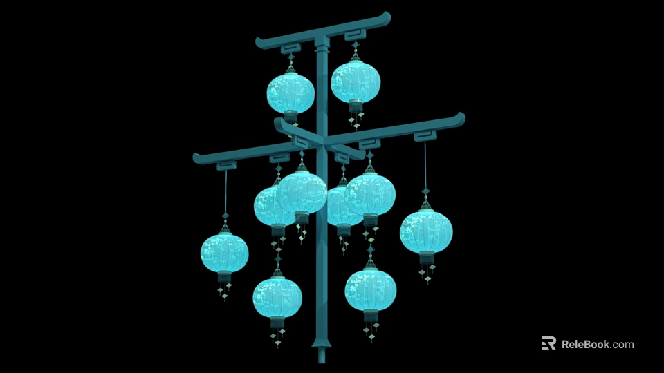 Multiple Blue Decorative Lanterns With Tassels Hanging On Crossbar Frame 3d model