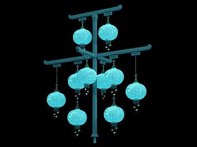 Multiple Blue Decorative Lanterns With Tassels Hanging On Crossbar Frame 3d model