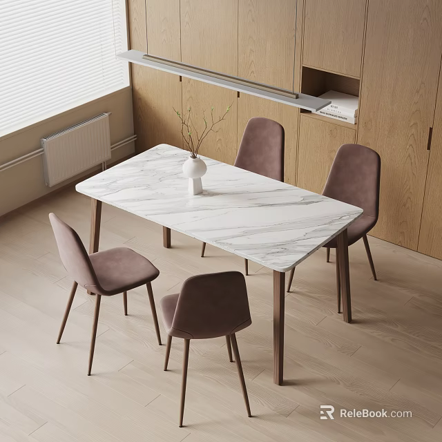 Modern Dining Table Set With Marble Top And Four Brown Chairs 3d model