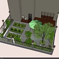 Garden Landscape Design With Patio Area Green Umbrella Neat Plant Beds And Tree