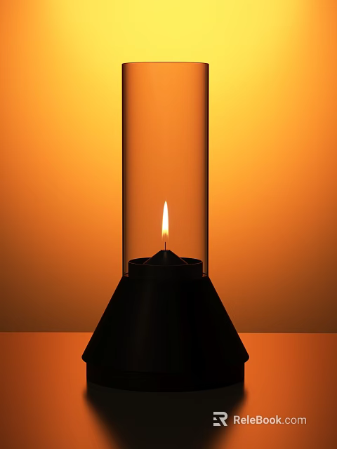 Decorative Light with Black Base Transparent Cylindrical Container Burning Candle Yellow Flame Orange Background 3d model 