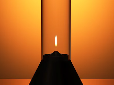 Decorative Light with Black Base Transparent Cylindrical Container Burning Candle Yellow Flame Orange Background 3d model