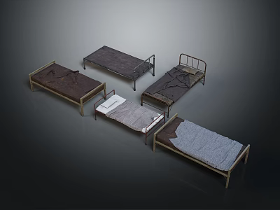 Simple Metal And Wooden Frame Beds With Brown Gray Mattress Covers 3d model