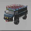 Blue Off Road Vehicle With Red Roof Rack Yellow Lights And Gear Logo