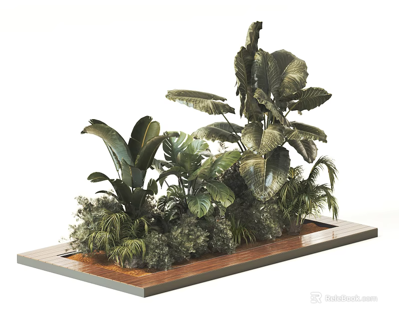 Lush Green Plants With Large Leaves Arranged On Wooden Platform 3d model 