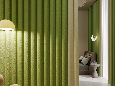 Green Vertical Striped Curtains In Modern Bedroom With Cozy Lamp Lighting 3d model