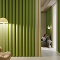 Green Vertical Striped Curtains In Modern Bedroom With Cozy Lamp Lighting