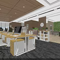 Modern Public Office Space Interior With Wooden Ceiling Large Windows Green Wall And Computer Workstations