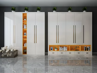 Modern White Wardrobe With Orange Open Compartments Green Plants On Top And Marble Floor 3d model