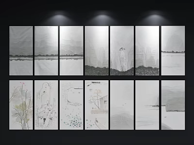 Ink Wash Landscape Paintings With Multiple Panels Showing Mountains Water Sky And Nature 3d model