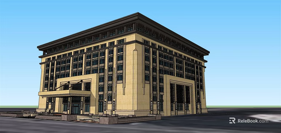 Classical Style Office Building With Beige Exterior Dark Brown Roof And Columns Portico 3d model 