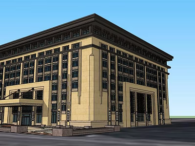 Classical Style Office Building With Beige Exterior Dark Brown Roof And Columns Portico 3d model
