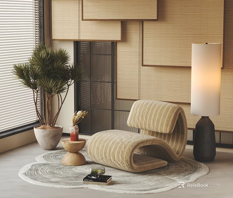 Stylish Curved Striped Fabric Lounge Chair For Cozy Warm Japanese Style Living Room Relaxation 3d model 