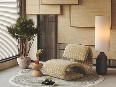 Stylish Curved Striped Fabric Lounge Chair For Cozy Warm Japanese Style Living Room Relaxation 3d model