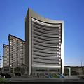 Modern Tall Office Building With Glass Curtain Wall And Surrounding Residential Buildings