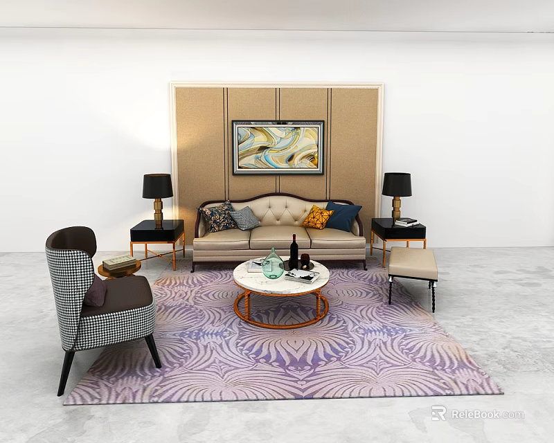 Elegant Sofa Coffee Table Set With Throw Pillows Side Tables Table Lamps And Patterned Rug 3d model