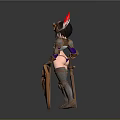 Female Warrior With Armor Helmet Red Feather Sword Shield Emblem Shorts And Long Boots