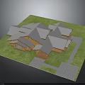 Modern Rustic Wooden Building With Multiple Gray Sloped Roofs And Green Lawn Pathway