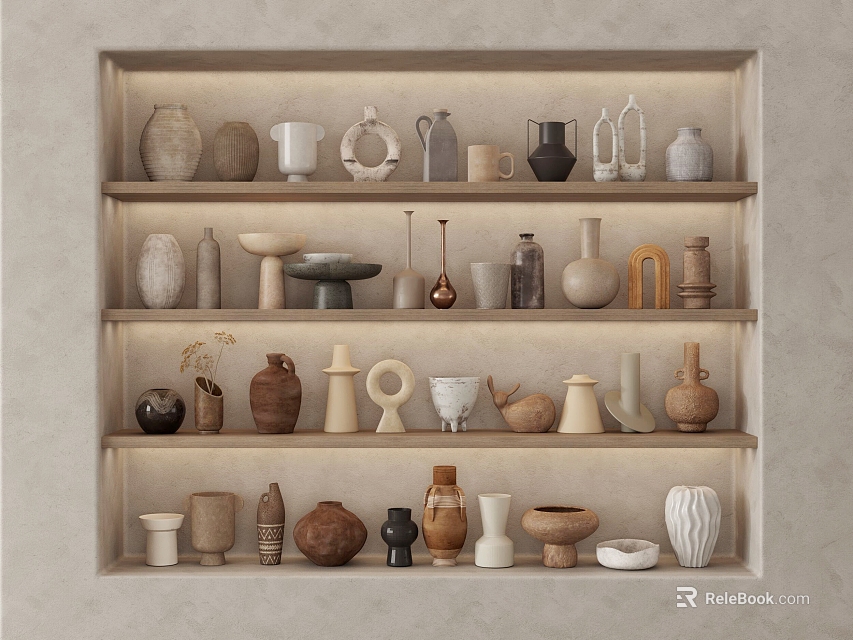 Minimalist Display of Ceramic Vessels with Various Shapes on Neutral Toned Shelves 3d model 